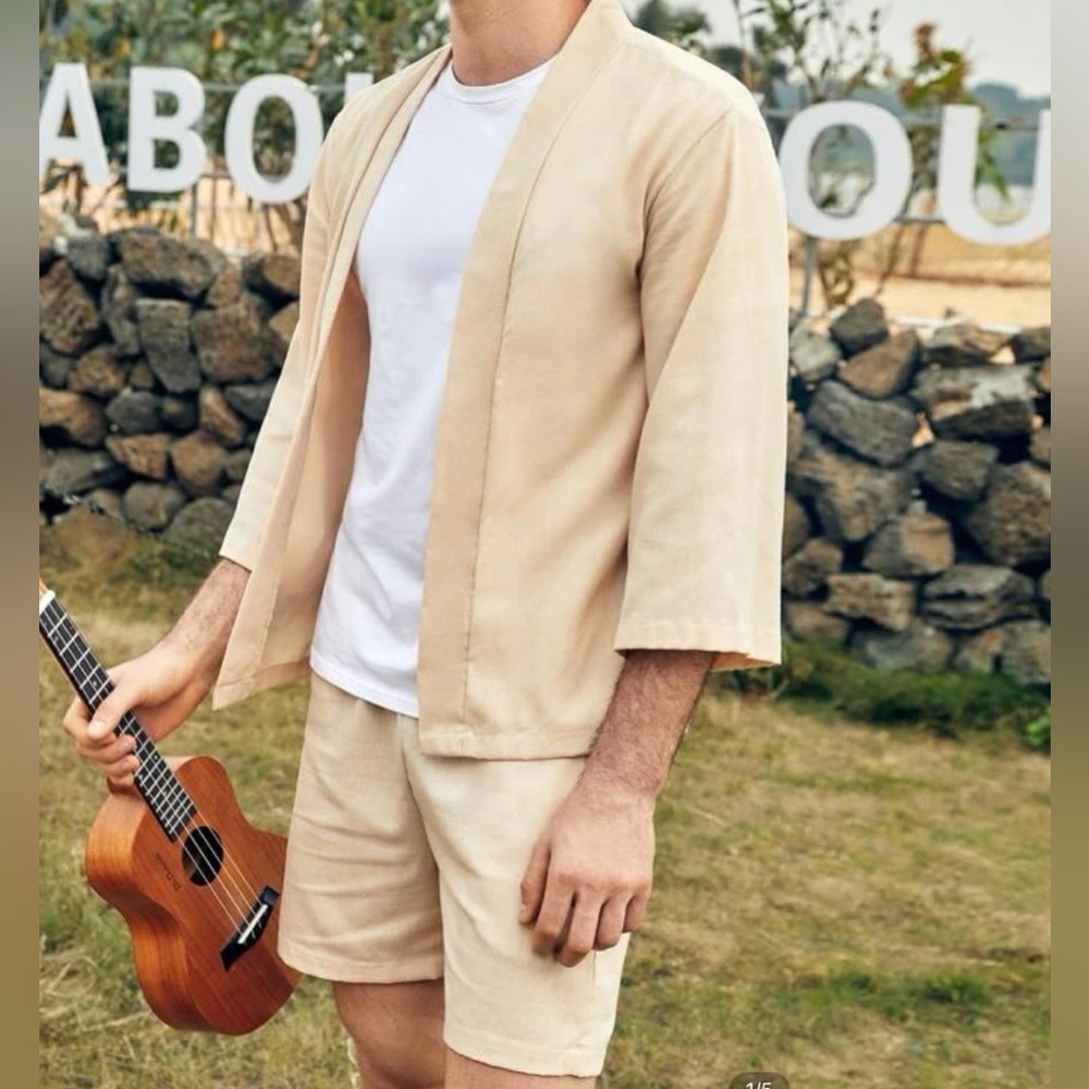 Men’s Solid Open Front Shirt & Shorts Set XXL (Shein)